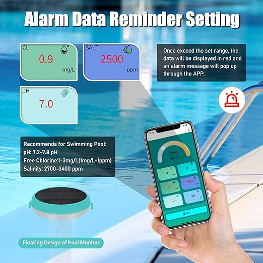 Digital Pool Water Tester, 7-in-1 Smart Floating Meter, WiFi Enabled, Tests pH, Chlorine, Salinity, ORP, EC, TDS, Temperature