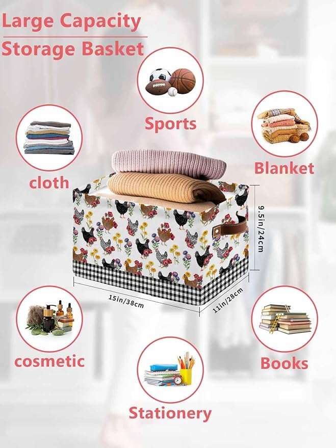 Farmhouse Rooster Storage Bins Cubes Waterproof Cloth Storage Basket,Country Watercolor Flowers Black Plaid Foldable Storage Bags for Shelf Clothes Storages Organizers with Handles 15x11x9.5 in 1PCS