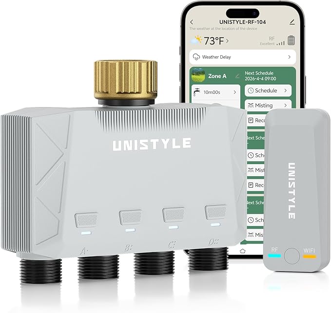 [All-New 2027] 1700FT WiFi 4 Zone Water Timer for Garden Hose with Brass Inlet, Unistyle Smart Sprinkler Controller Compatible Alexa & Google Voice, WiFi Hose Timer, Auto Manual Modes for Garden Lawn