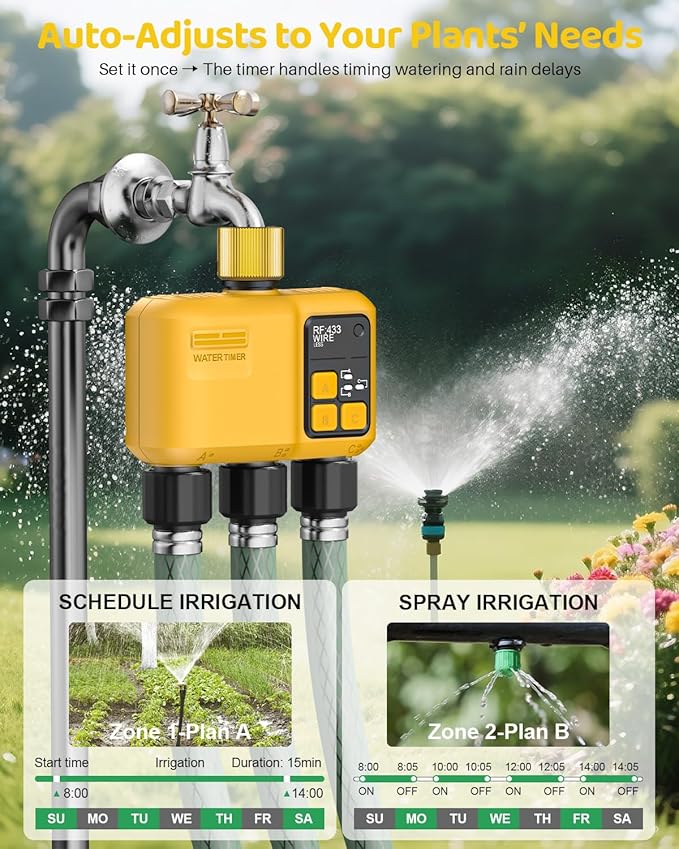 WiFi Water Timer 3 Zone for Garden Hose, Smart Sprinkler Timer with 984ft RF Range, Brass Inlet, APP/Voice Control, Rain Delay, Automatic/Manual Irrigation