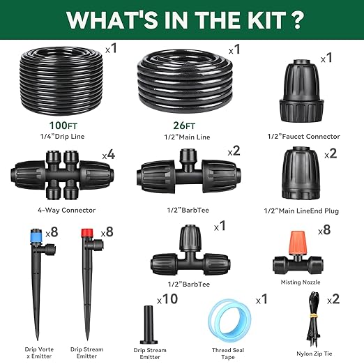 Drip Irrigation System for Garden, 2026-Upgraded Quick Connect Garden Watering Kit All-in-One with 1/2 inch 1/4 inch Irrigation Tubing for Garden, Lawn, Greenhouse, Raised Beds (126FT)