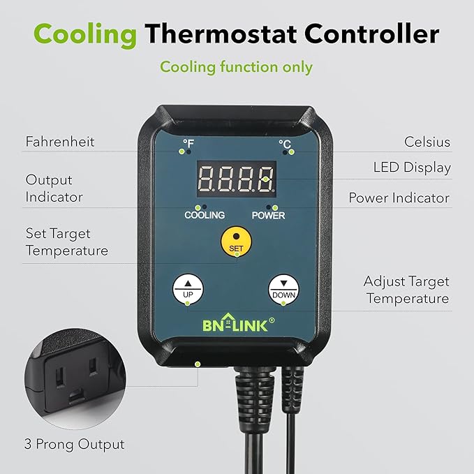 BN-LINK Digital Heating and Cooling Thermostat Controller for Reptiles, Attic Fan
