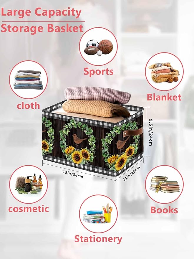 Spring Eucalyptus Sunflower Storage Bins Cubes Waterproof Cloth Storage Basket,Farmhouse Birds Brown Wood Foldable Storage Bags for Shelf Clothes Storages Organizers with Handles 15x11x9.5 in 2PCS