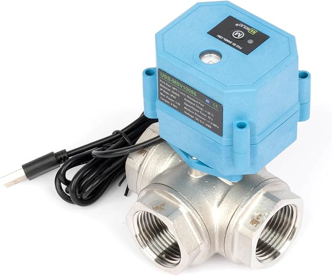 U.S. Solid WiFi Smart Motorized Ball Valve 1 inch NPT for Water Control & Irrigation, 3 Way 304SS Electric Valve, USB Plug, LED Indicator, Flow Direction Window, Remote On/Off Control, NSF Certified