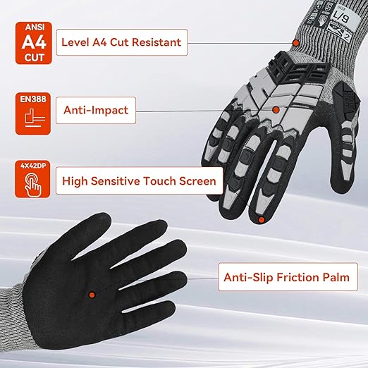 Safety Work Gloves, Impact Gloves for Men Women, Cut Resistant Non-Slip Heavy Duty Gloves with Nitrile Grip, Touch Screen Glove with Impact Protection for Mechanic Construction, Large, Grey