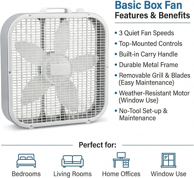 20-Inch Weather-Resistant Box Fan – 3-Speed High Velocity Air Circulator for Window, Greenhouse & Home – Energy Efficient Floor Fan with Carry Handle, White