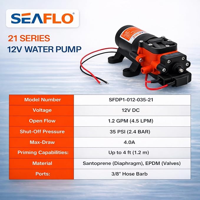 SEAFLO 21-Series Water Pressure Diaphragm Pump - 12V DC, 1.2 GPM, 35 PSI with Adjustable Pressure Switch, Self-Priming, Quiet Operation for RV, Boat, and Off-Grid Applications