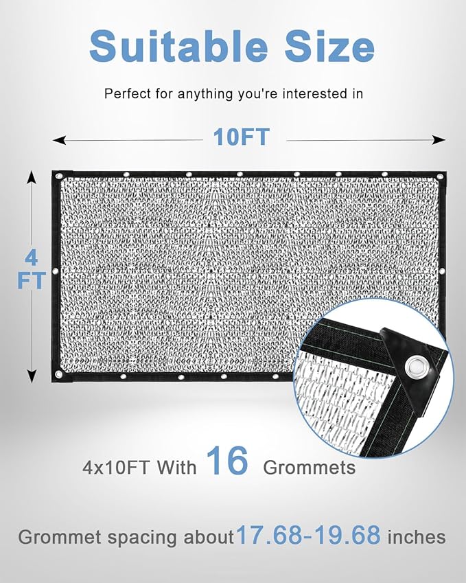 vensovo 30% Aluminum Shade Cloth - Reflective Aluminium Shade Netting Sun Shade Cover with Grommets for Cars, Dogs, Outdoor, RV, Patio (4x10FT)