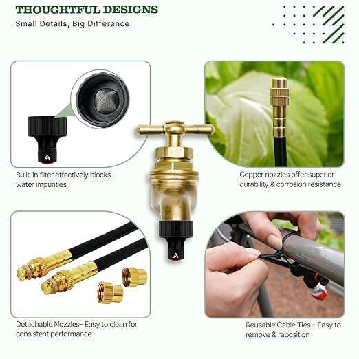 A ANLEOLIFE 50FT Drip Irrigation Kit for Patio, Potted Plants, 360° Bendable Copper Nozzles, Quick-Connect 1/4" Tubing for Container Gardens, Micro Drip with Adjustable Water Flow (Timer Not Included)