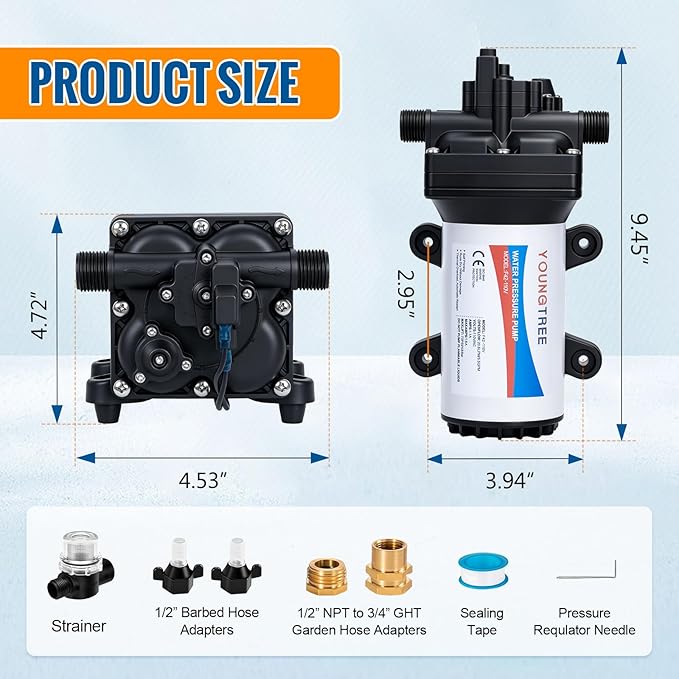 YOUNGTREE Water Pressure Diaphragm Pump 110V AC 5.5GPM 70PSI Self Priming RV Water Transfer Pump 110 Volt On Demand for Home Kitchen RV Garden Irrigation Car Washing Rain Barrel Lawn Camper