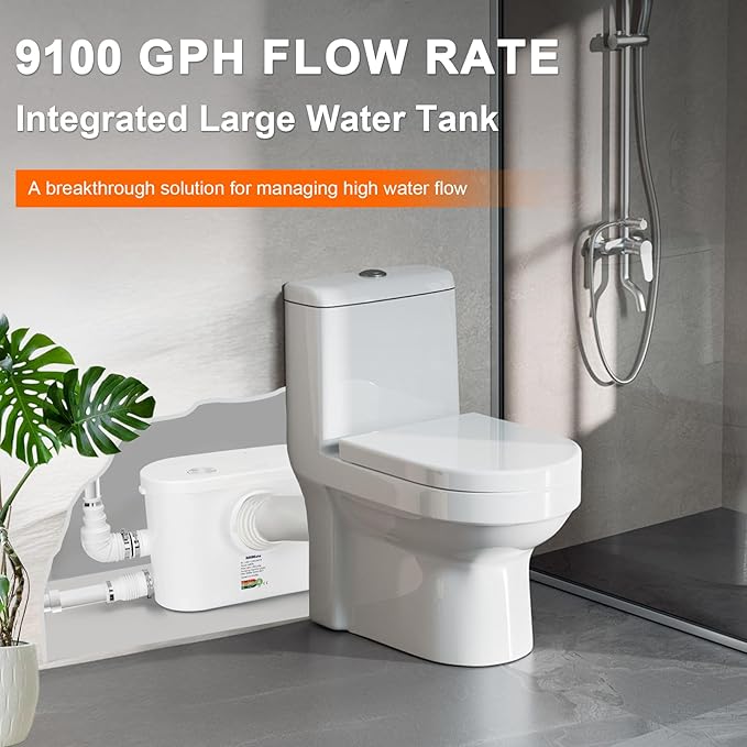 600W Macerator Pump, Powerful Sink Sewage Sump Pump, 8100 L/h Flow, Upflush 31.2 ft/9.5 m Head, 3 Water Inlets for Basement, Toilet, Shower, Kitchen, Bathtub Waste Water Disposal