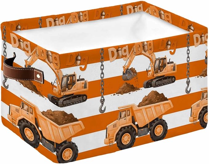 Orange Striped Truck Storage Bins Cubes Waterproof Cloth Storage Basket, Farmhouse Stripes Modern Art Foldable Storage Bags for Shelf Closet Clothes Organizers with Handles 15x11x9.5 in 1PCS
