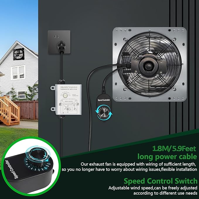 Shutter Exhaust Fan with Thermostat & Speed Control, 760 CFM,1600RPM, Upgrade 7 inch Wall Mount Attic Vent Fan for Chicken Coops, Greenhouse, Gable, Barn, Garage, Shed Ventilator