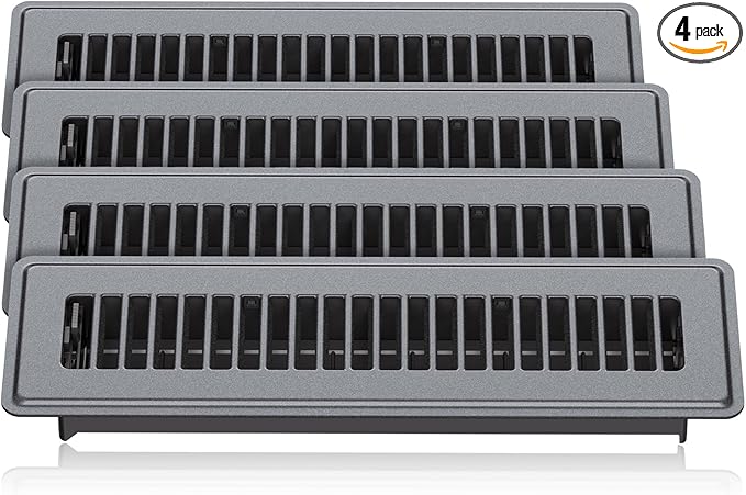 2 x 12 Floor Register, 4 Pack – Gray Vent Covers for Home Floor, Anti-Rust Coated Metal Surfaces with Adjustable Airflow Control Lever, Ideal for HVAC Systems, Living Room & Bedroom Floor Vents