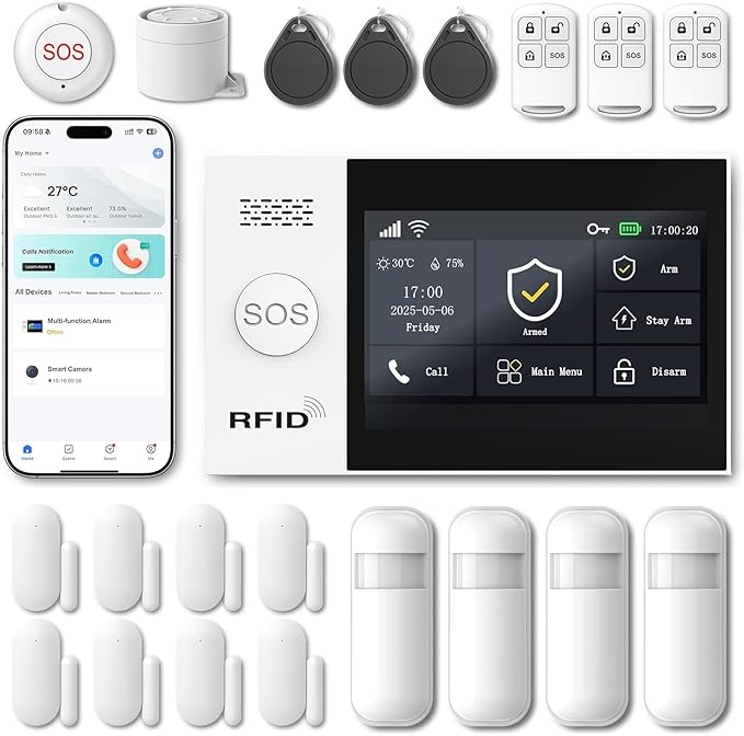 WiFi Wireless Alarm System for Home Security - 24/7 Protection Smart Home Devices 4.3" Touch Screen, GSM/4G+WiFi, App Instant Alerts, No Monthly Fee, Alexa Compatible for Villa, Kids Safety (21pcs)