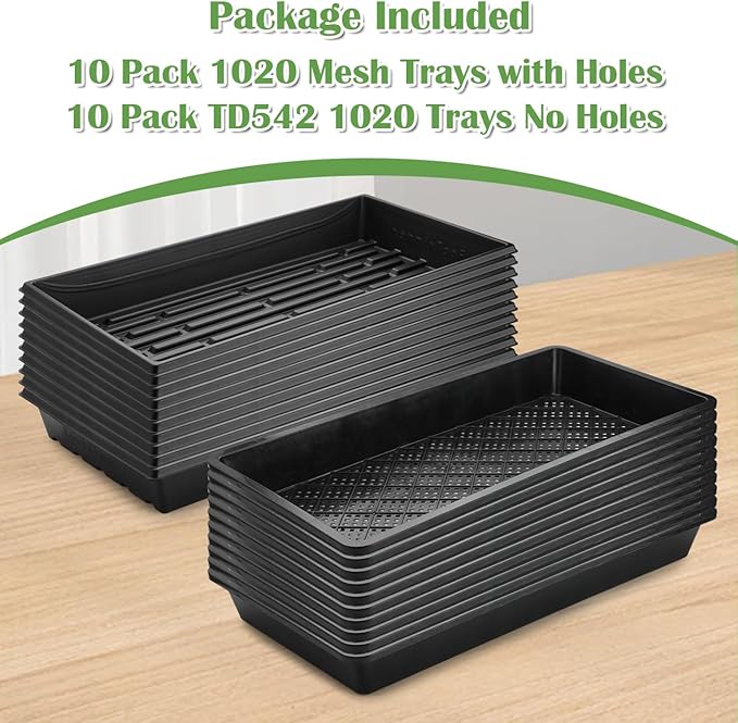 RooTrimmer 10 Pack 1020 Trays and 10 Pack 1020 Mesh Bootom Trays, 20'' x 10'', Heavy Duty Propagation Flats for Microgreens, Seed Starting, Soil Blocks, Hydroponics & Wheatgrass (10 Sets)