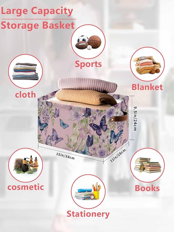 Pink Flowers Storage Bins Cubes Waterproof Cloth Storage Basket,Spring Floral Purple Butterflies Farmhouse Foldable Storage Bags for Shelf Clothes Storages Organizers with Handles 15x11x9.5 in 1PCS