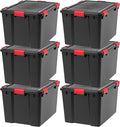 IRIS USA WeatherPro 74 Qt Storage Bins with Lids, 6 Pack, BPA-Free Plastic Gasket Box with Tight Latch and Seal, Stackable Nestable Tote Tub - Black/Red