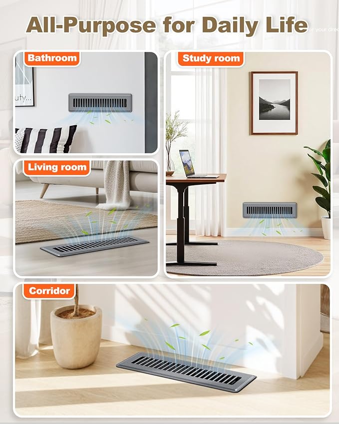 2 x 12 Floor Register, 4 Pack – Gray Vent Covers for Home Floor, Anti-Rust Coated Metal Surfaces with Adjustable Airflow Control Lever, Ideal for HVAC Systems, Living Room & Bedroom Floor Vents