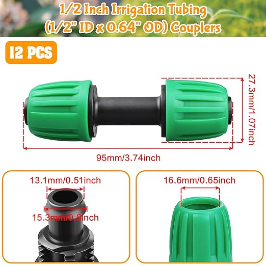 Gardrip Drip Irrigation Fittings for 1/2 Inch Drip Tubing (1/2" ID x 0.62"-0.65" OD Only): 12Pcs Drip Line Couplings Locked Nut Barbed Straight Coupling Connectors-NOT for Generic Tubing (OD 0.7")
