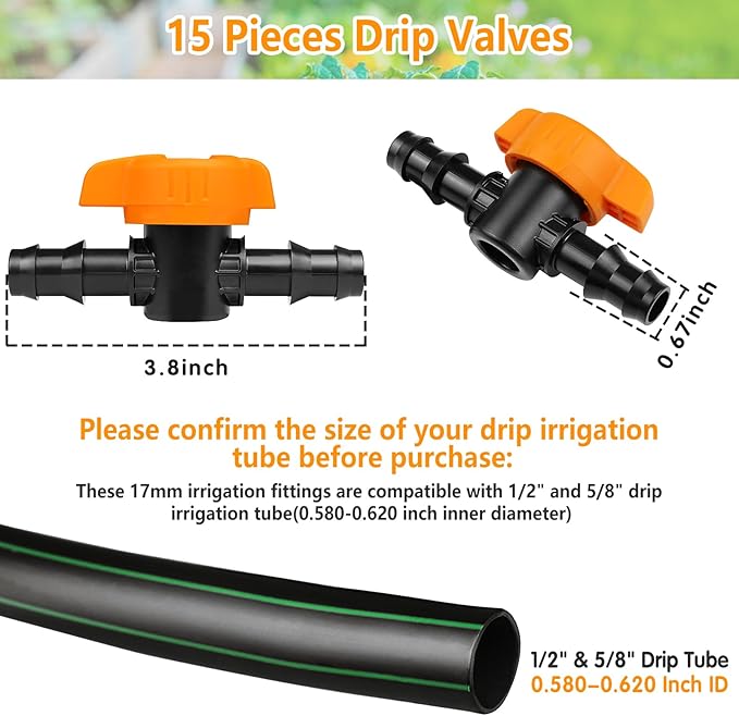 1/2 Inch Drip Irrigation Barbed Valve, 15 Pcs Barbed Switch Valves Drip Line Parts for 1/2" Drip Tubing (.570-.620" ID), 1/2 in. in-line Barbed Shut Off On Valve for Garden Irrigation System