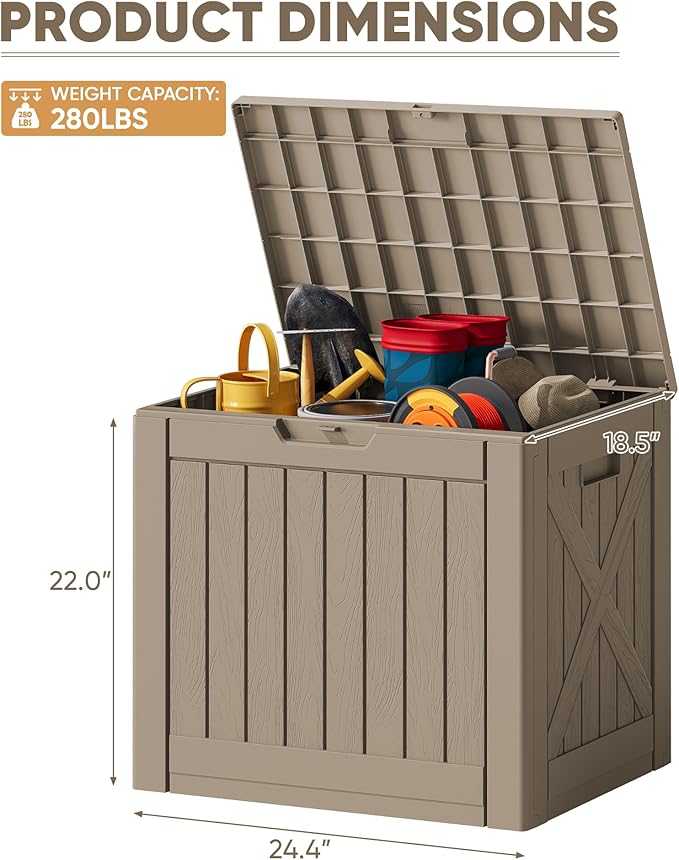 JUMMICO 42 Gallon Deck Box Waterproof, Resin Outdoor Storage Box with Side Handles, Outdoor Storage Benches Lockable for Patio Cushions and Garden Tools (Light Brown)