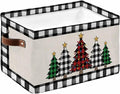 Christmas Tree Storage Bins Cubes Waterproof Cloth Storage Basket, Xmas Farmhouse Buffalo Plaid Retro Foldable Storage Bags for Shelf Closet Clothes Organizers with Handles 15x11x9.5 in 1PCS