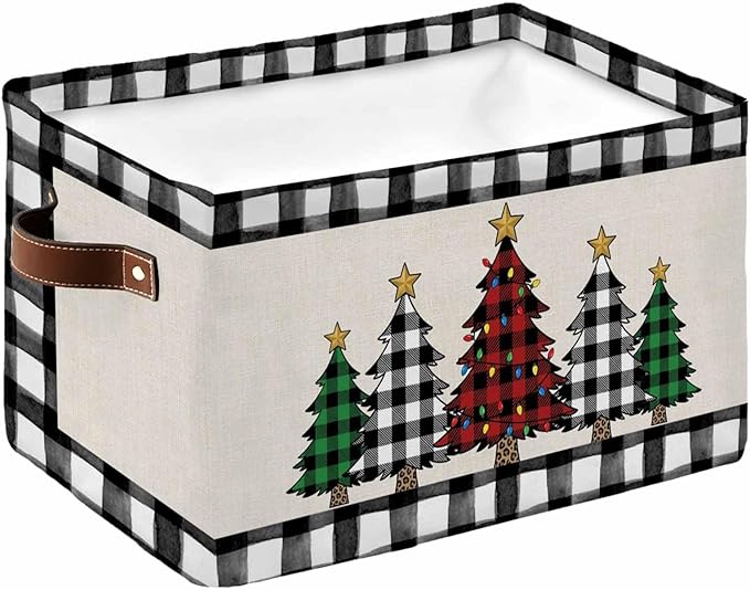 Christmas Tree Storage Bins Cubes Waterproof Cloth Storage Basket, Xmas Farmhouse Buffalo Plaid Retro Foldable Storage Bags for Shelf Closet Clothes Organizers with Handles 15x11x9.5 in 1PCS
