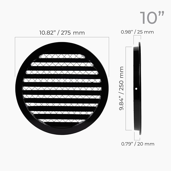 10" Inch Black Round Aluminum Vent Cover - Air Vent Louver - Soffit Grille Cover - Built-in Aluminum Screen - Grill Cover/Dryer Vent Cover for House, Kitchen, Bathroom, Garage Ventilation