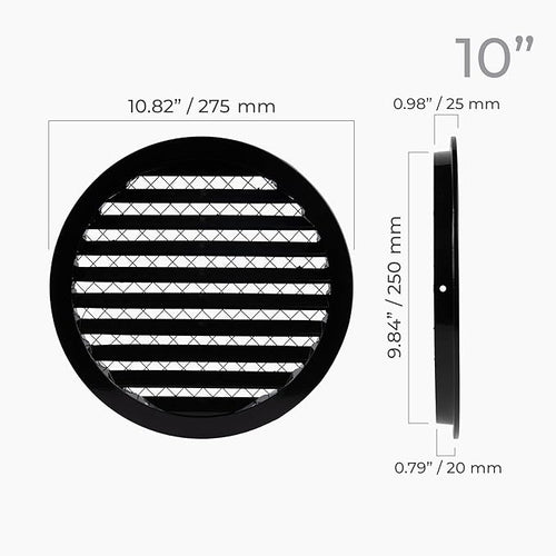 10" Inch Black Round Aluminum Vent Cover - Air Vent Louver - Soffit Grille Cover - Built-in Aluminum Screen - Grill Cover/Dryer Vent Cover for House, Kitchen, Bathroom, Garage Ventilation