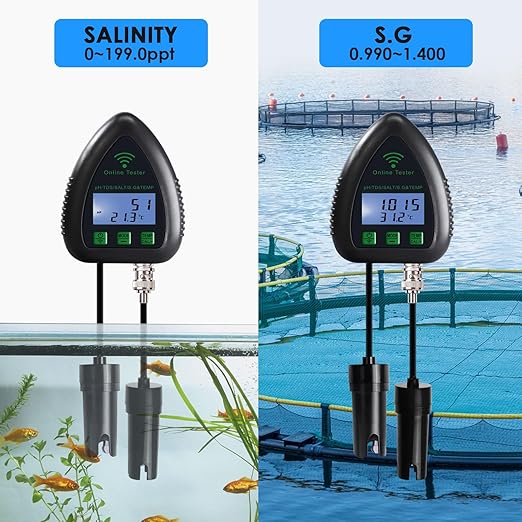 5-in-1 WiFi pH Meter Monitor, Water Quality Tester for pH TDS Salinity S.G Temperature, Tuya Smart APP Remote Monitoring with Alarm & Easy Calibration, for Aquarium Hydroponics