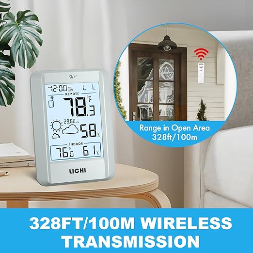 Indoor Outdoor Thermometer Wireless Weather Station External Thermometer Hygrometer Monitor with 330ft Range Remote Sensor, Battery Operated Backlit Display (Grey)