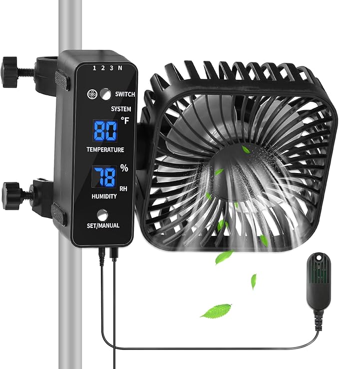 4" Grow Tent Fan with Auto Humidity Control | Quiet Oscillating Ventilation, Real-Time Temp & Humidity Monitoring for Hydroponics, Greenhouses & Indoor Gardens
