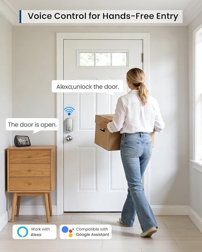 TEEHO TE011W Wi-Fi Keyless Entry Door Lock with Keypad - Smart Deadbolt Lock for Front Door with 2 Keys - Remote Control, Works with Alexa & Google, APP Unlock - Easy Installation - Satin Nickel
