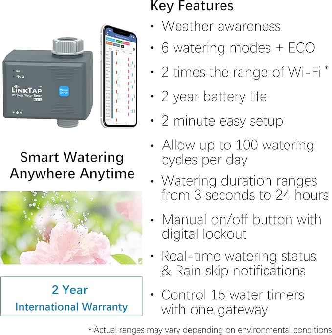 LinkTap G1S Wireless Water Timer & Gateway - Smart Sprinkler Timer with App, Remote Irrigation for Garden, Weather Aware, Greater Range Than WiFi, Anti-Freeze Protection, 2 Year Battery Life, IP66