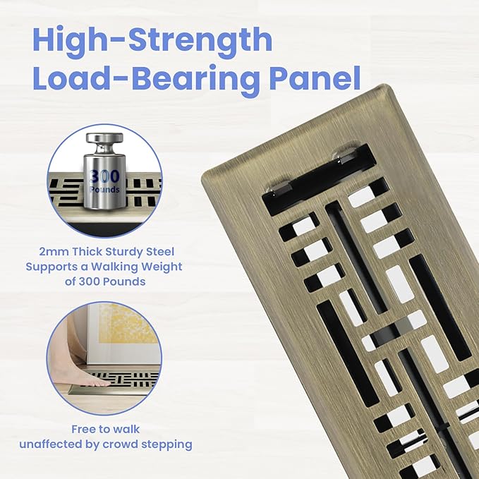 Howeall 2x10 Inches 2 Pack Heavy Duty Walkable Floor Register Easy Adjust Air Supply Lever Floor Vents - Seattle Design - Vent Cover for Home Floor - Antique Brass