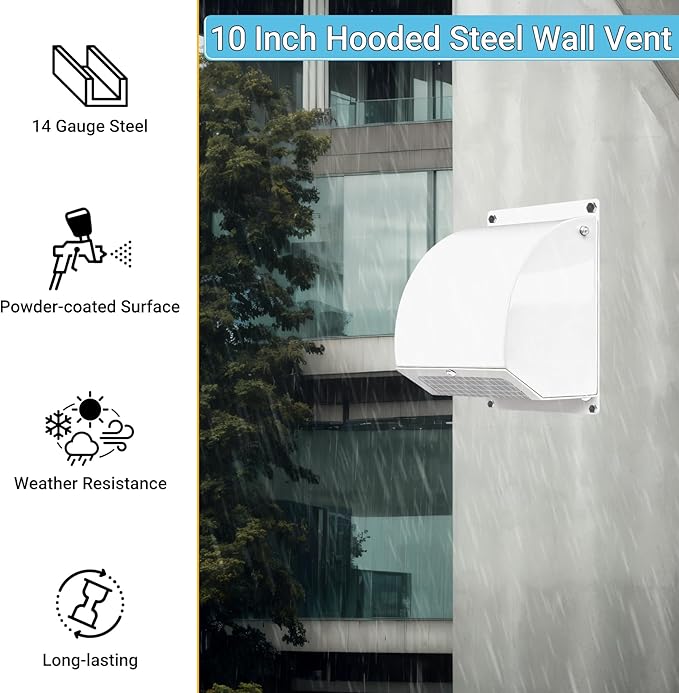 Neoaider 10 Inch Hooded Wall Vent Cover with Screen and Damper, 14GA/2MM Thick Heavy-Duty Steel Vent Covers for Wall, Vent Cover for Dryer Ventilation and Outdoor Air Exhaust, White