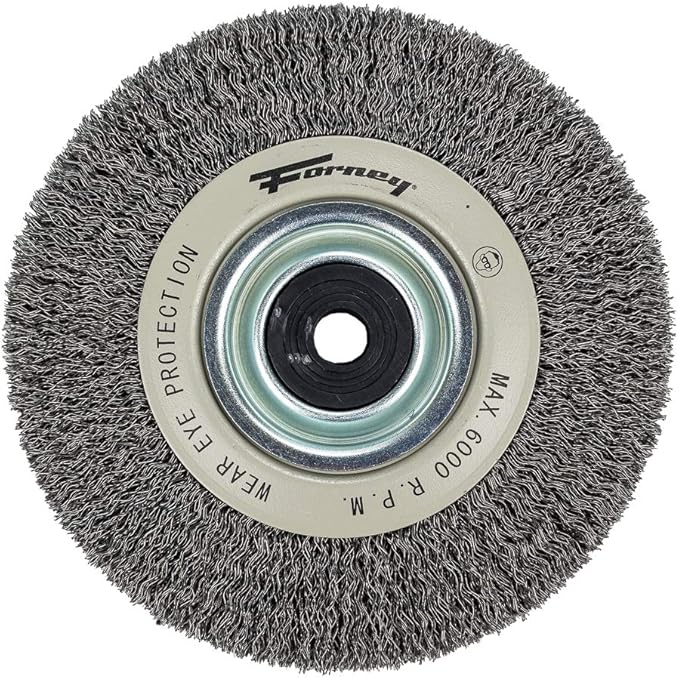 Forney 72895 Wire Bench Wheel Brush, Industrial Pro Crimped with 1/2-Inch Through 2-Inch Multi Arbor, 6-Inch-by-.012-Inch