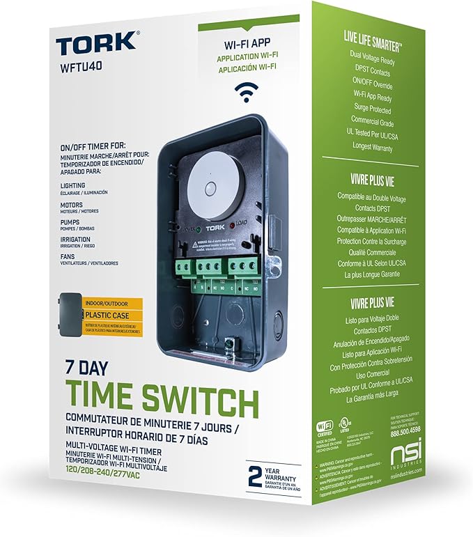 NSI WFTU40 a brand of NSI Industries, Indoor/Outdoor Smart 7-Day, Multi-Voltage Time Switch with Wi-Fi App Integration, 40 Amp, Gray
