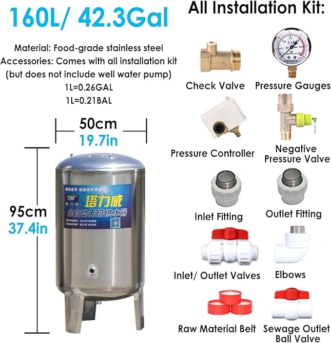 Pressurized Water Tank Well Pressure Tank 60gal 50gal 40gal 26gal Deep Well Pressure Tank with Installation Kit, Home/Garden Water Storage Tanks Pressurized Stainless Steel for Well Pump(60X40cm/23.6x