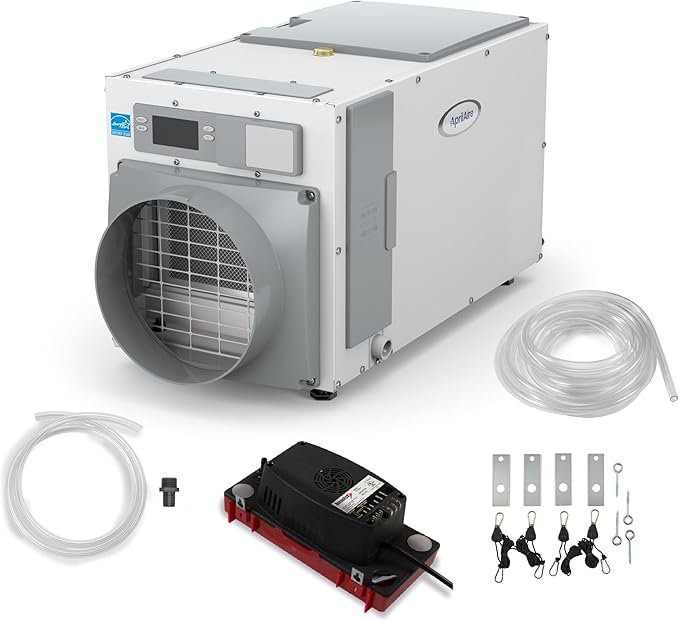 AprilAire E100 Whole House Dehumidifier for Basement & Crawl Space – 100-Pint High-Capacity Commercial Dehumidifier for Homes Up to 5,500 Sq. Ft. with Pump, Drain Hose, & Hanging Kit for DIY Install