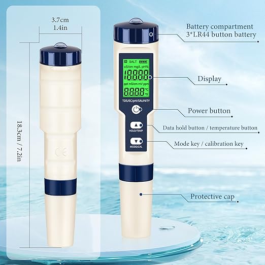 PH Meter & TDS Meter Digital Water Tester 5 in 1 Salinity Tester PH Temp EC and TDS Meter,PH Meter for Water with LCD Backlit,Water Testing Kits for Drinking Water,Wine,Swimming Pool,Hot Tub Spas.