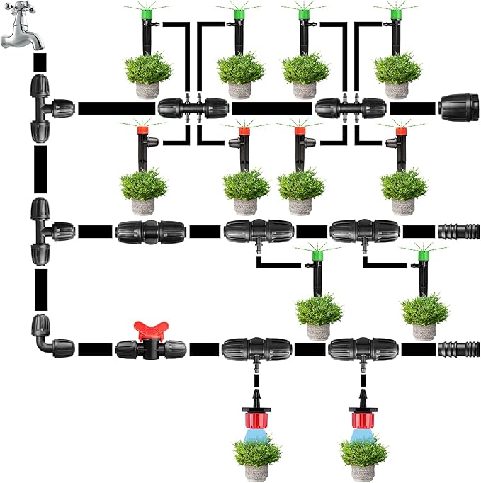 Gardrip Drip Irrigation Fittings for 1/2 Inch to 1/4 Inch Tubing Reducing Tee：1/2" (1/2" ID x 0.65" OD) to 1/4" Anti-Drop Locked Nut Barbed Reducer 6 Way Tee Connectors (12 Pack)