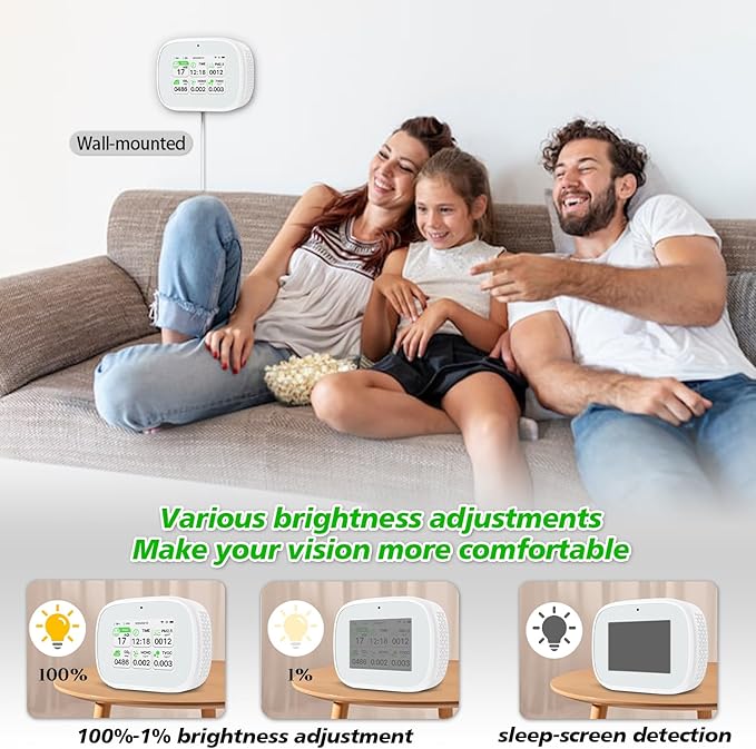 Air Quality Monitor, Dual Chip Multi-Functional Air Quality Detector for AQI, CO2, PM2.5, HCHO & TVOC Testing, Suitable for Home, Office and Indoor Air Monitoring - White