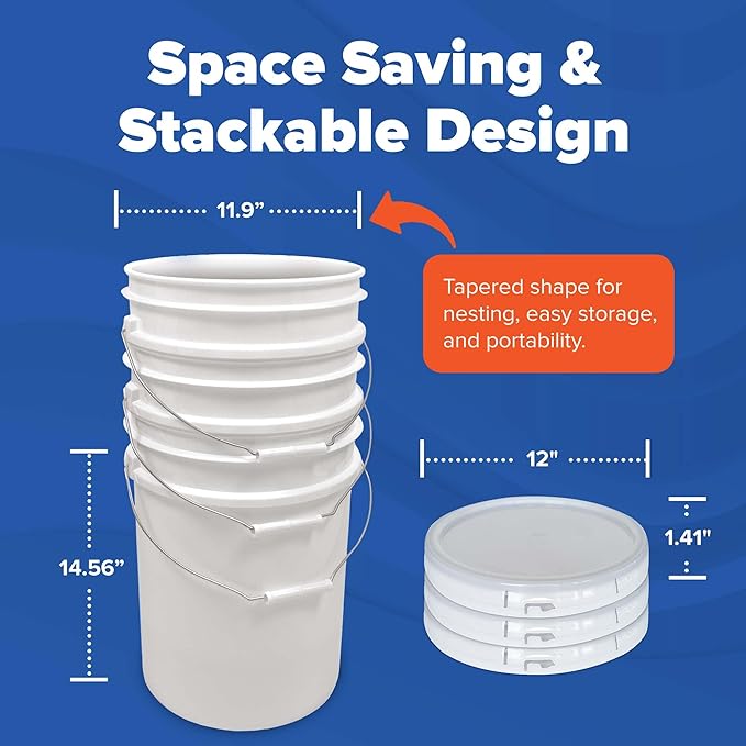 ePackageSupply 5 Gallon Bucket - Food Grade Bucket with Airtight Gasketed Tear Strip Lid, BPA-Free, Heavy-Duty 90 Mil HDPE Plastic Pail, Bulk Storage, Durable Container, Made in USA - Natural, 6 Packs