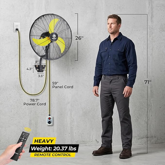 FUGOO 24" Quiet Outdoor Oscillating Wall Mount Fan With Remote Control,All Sealed BLDC Motor,4-Speed Waterproof Outdoor Fan, Heavy Duty Industrial Wall Fans for House,Patios,Garage,Warehouse 5000CFM