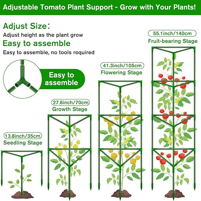 6 Pack Green Triangular Tomato Cages for Garden, Heavy Duty Fiberglass Plant Cages with Adjustable Support, Easy Assembly, Stable Structure