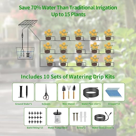 49FT Solar Drip Irrigation Kit with Digital Screen, Auto Watering Kit for 15 Pots, Solar-Powered Plant Watering,434 Timer Modes, 900ml/min Flow Indoor/Outdoor Garden, Balcony & Patio Irrigation System