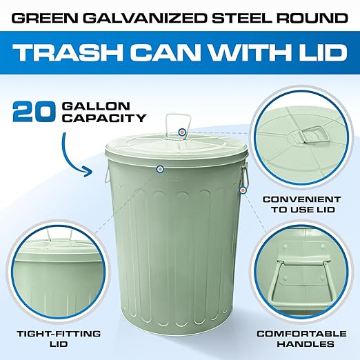 Plexon 20 Gallon Metal Trash Can with Lid Outdoor Large Trash Bin Steel Garbage Can for Garage Patio Farmhouse Bucket Bird Seed Storage Can Heavy Duty Round Container, Green