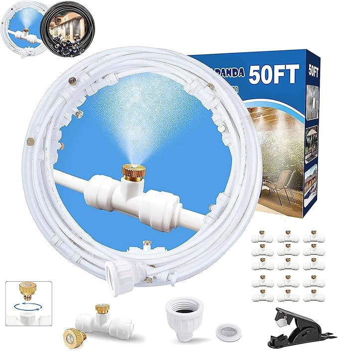 Misters for Outside Patio,Misting System for Cooling Outdoor,50Ft (15M),Water Mist Hose DIY Kit for Porch,Canopy,Deck,Umbrella,Garden,Greenhouse,Yard,Plants,Trampoline Sprinkler Accessories for Kids